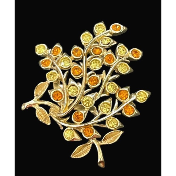Vintage Estate Signed Coro Flower Brooch Yellow & Amber Rhinestone Mid Century - Picture 3 of 8